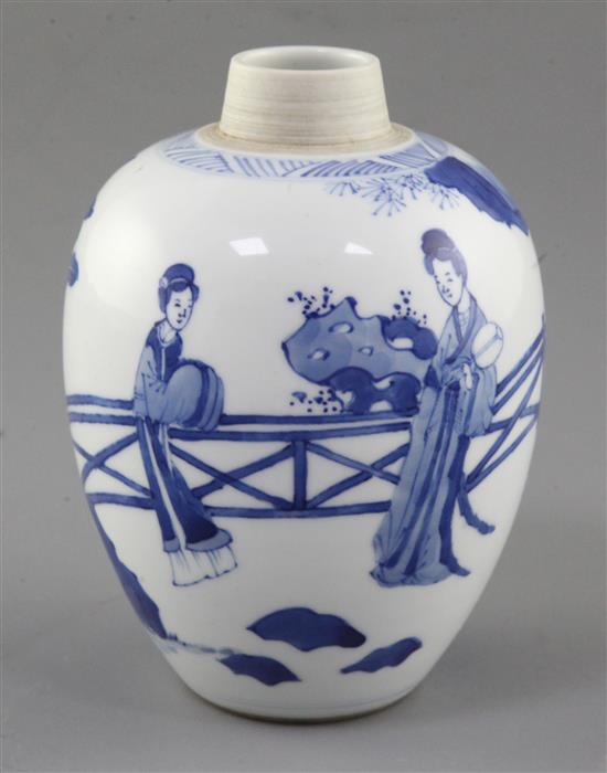 A Chinese blue and white small ovoid vase, Chenghua mark, probably Kangxi period, height 14cm